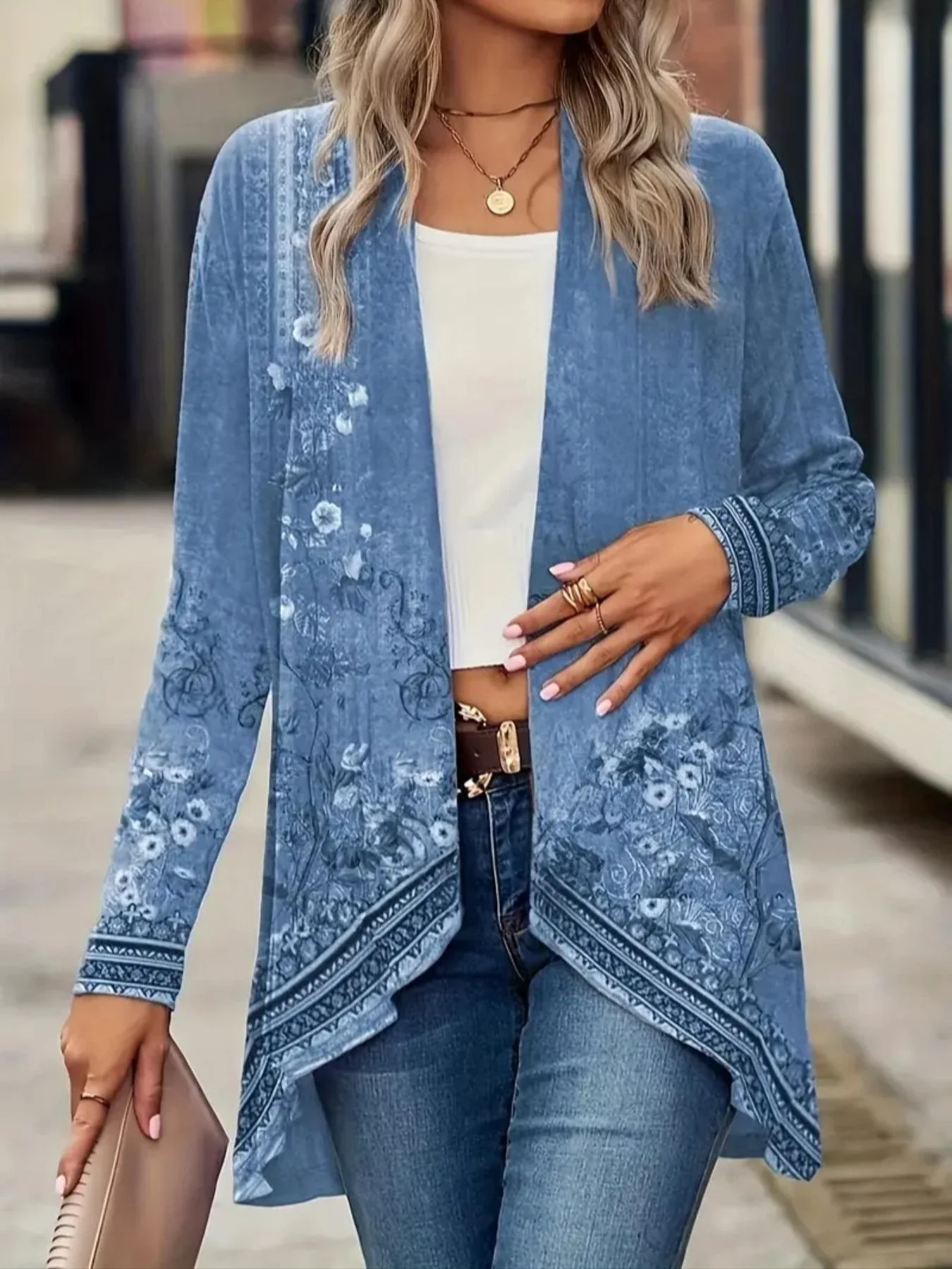 1XL-5XL Plus Size Casual Ethnic Style Printed Long Sleeve Cardigan Fashion and Versatile Irregular Hem Long Sleeved Cardigan