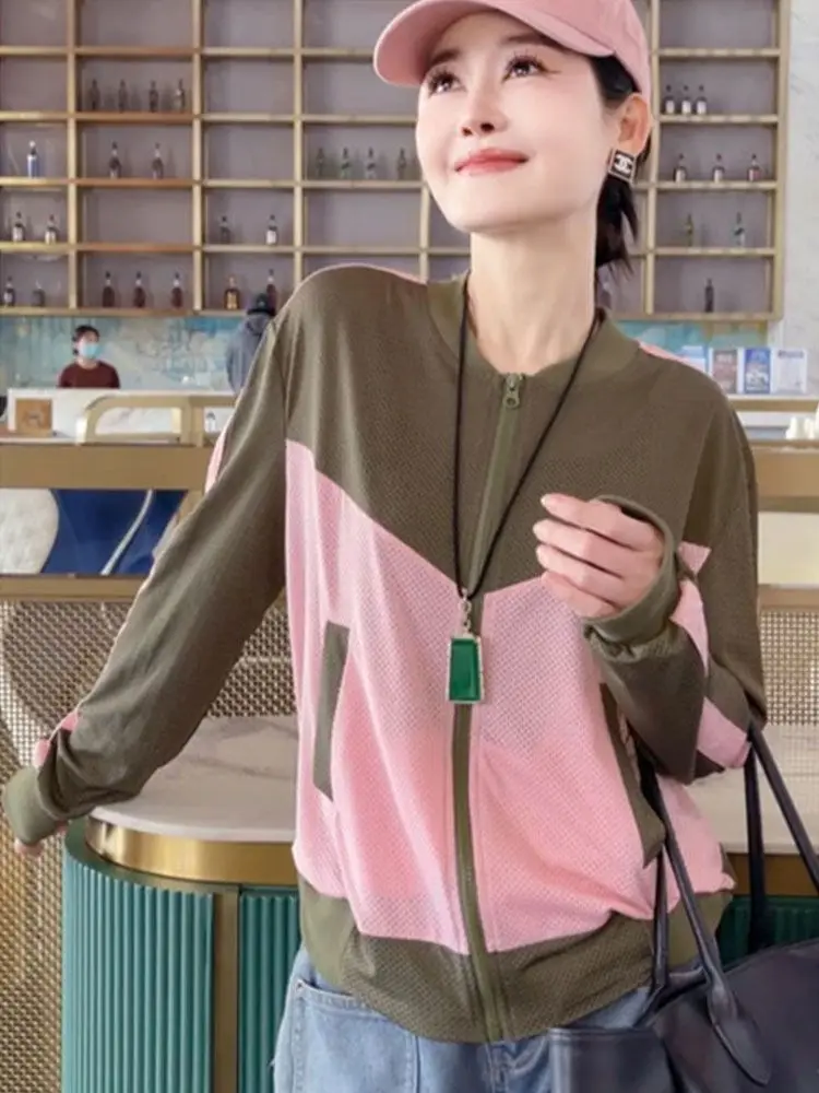 Summer Lightweight Breathable Patchwork Zip Sweatshirt Sun-protective Shirt Jacket Women Loose Long-sleeved Coat Sportswear Top