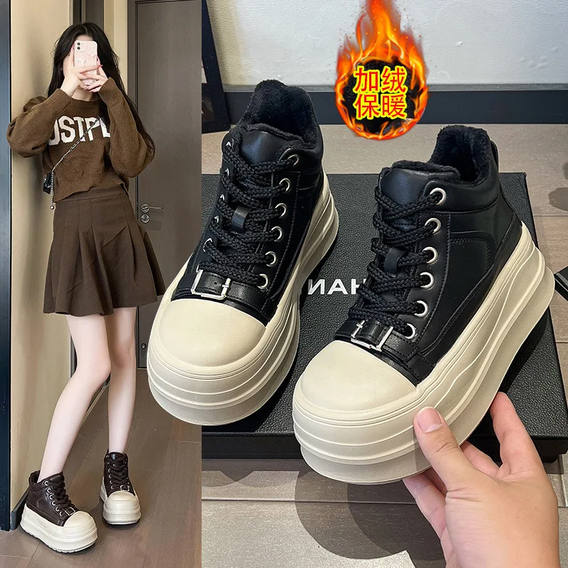 

European Station Retro Genuine Leather High-top Shoes with Fleece Lining for Warmth Height-Increasing Thick-Soled Casual Shoes