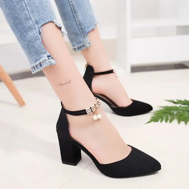 Concise Eleganti A Punta Degli Alti Talloni di Comfort di Moda di Spessore con Scarpe Da Donna Nero Pelle Scamosciata Singoli Pattini Scarpe Da