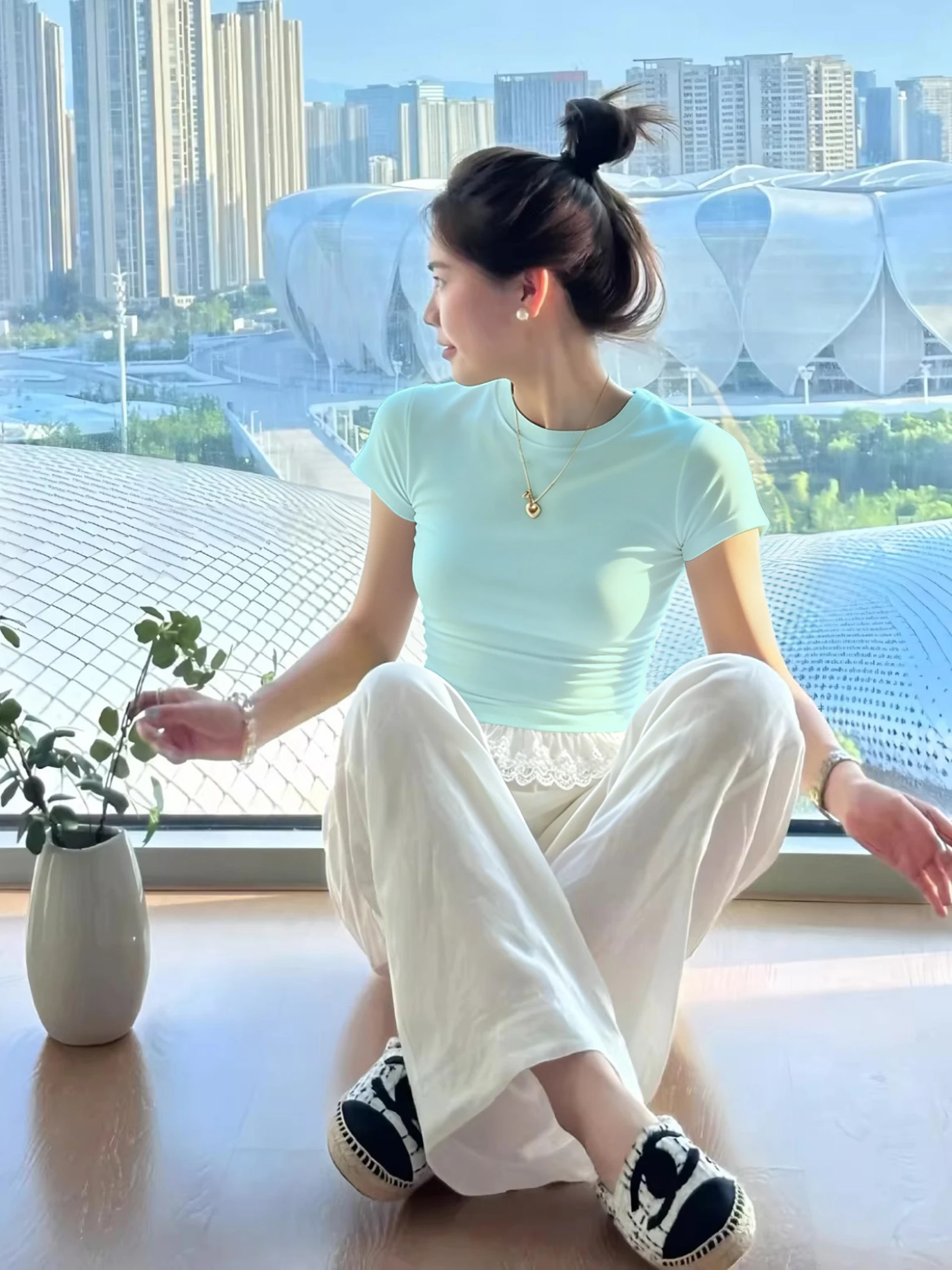 Mint Green Slim Fit Short Sleeve T-Shirt Women's Basic Style Daily Commute Lace Trim Korean Style Top Casual Cotton Blend
