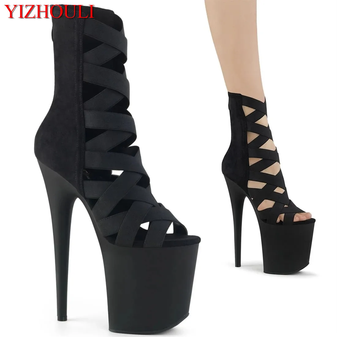 

Cross-lacing upper 20 cm suede shoes, 8 inch model stiletto heels, zipper opening, night club pole dancing ankle dance shoes