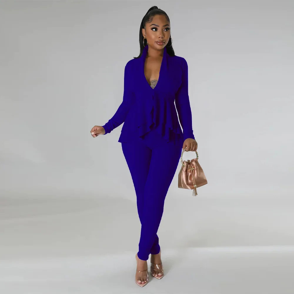 Fashion Ruffles Hem V-neck Long Sleeve T-shirt and Pants Suit Female Street Chic Two 2-częściowy strój damski dres