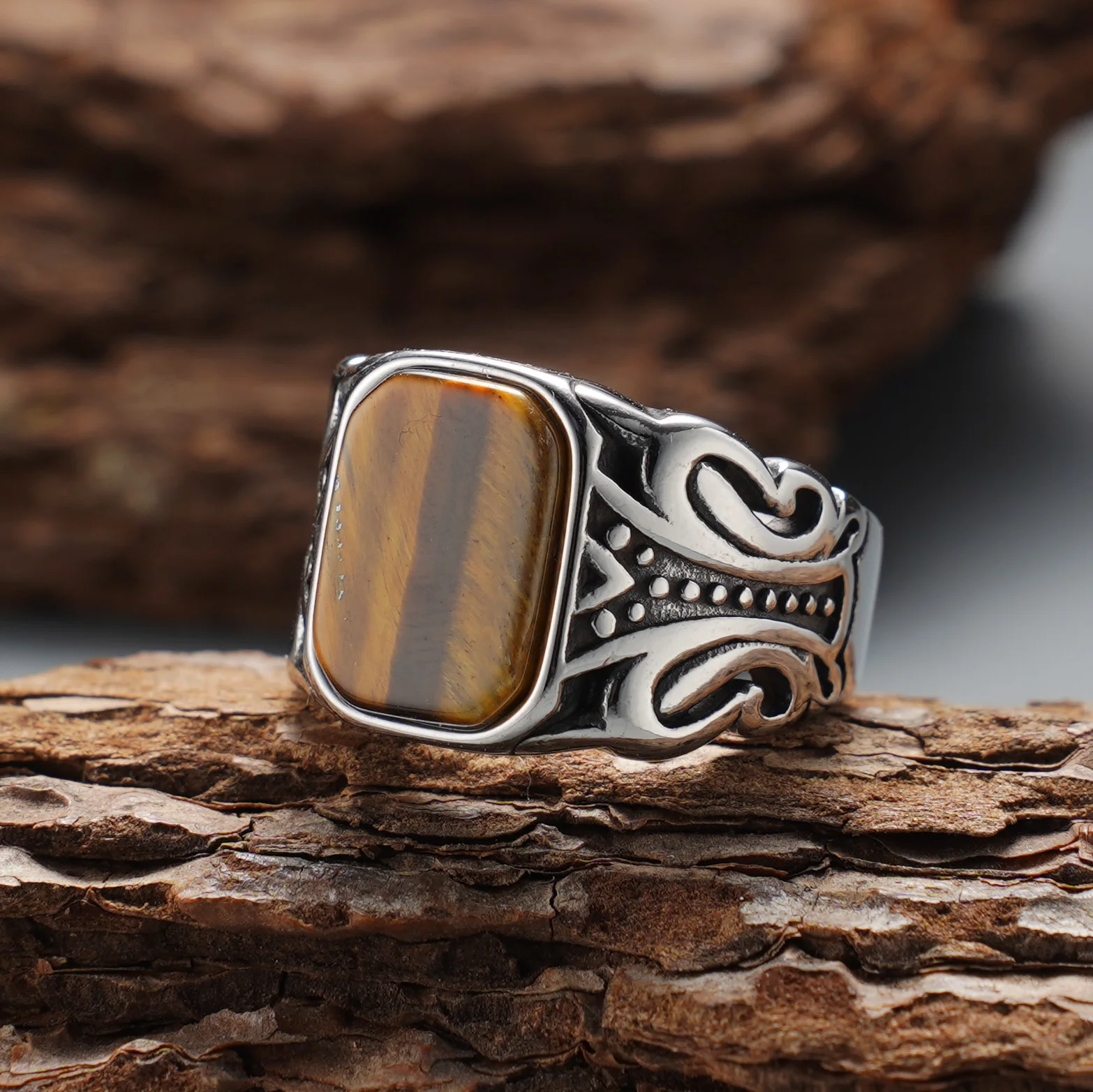 Trendiger Modischer Geschnitzter Achat Edelstahl Herren Statement-Ring – Detail 6