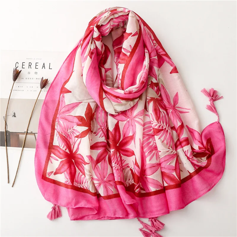 

2023 New Fashion Spring Summer Women Viscose Scarf Elegant Red Leaves Printed Soft Thin Lady's Long Beach Shawls and Wraps