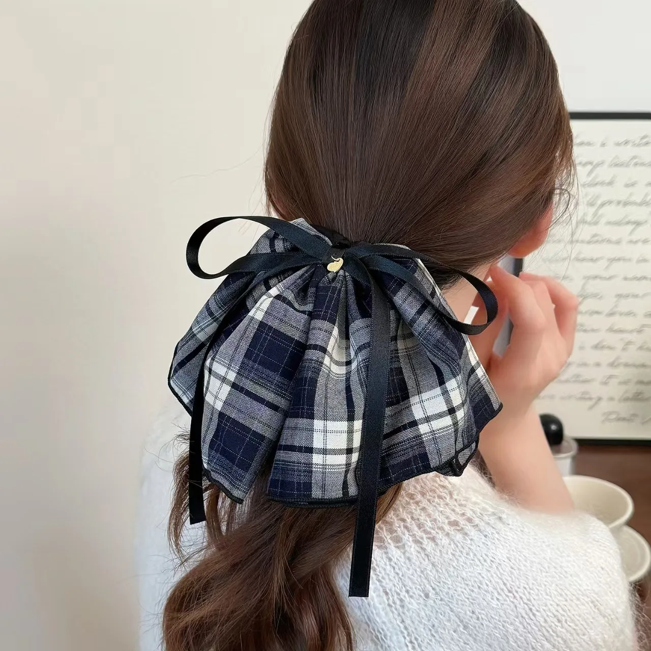 1pc Bogen Band Plaid Rock Große Scrunchie High-End-Pferdeschwanz Haar Krawatte Süße Haar Zubehör Neue Haar Krawatte – Detail 3