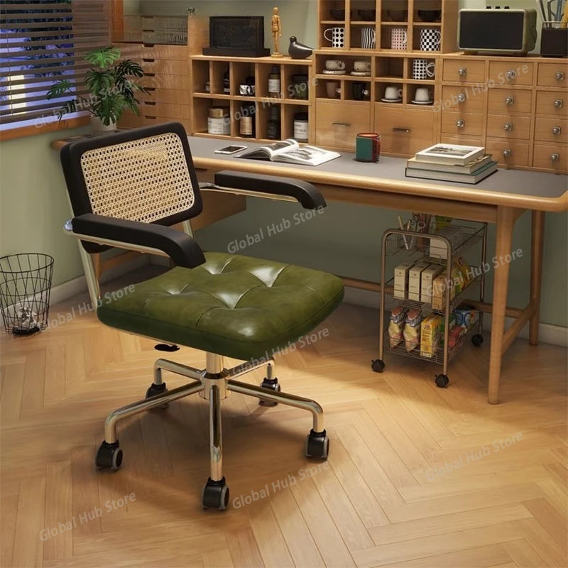 Rotating Dining Chair Rattan Backrest Computer Office Chair Comfortable Leather Chair with Breathable Armrests and Wheels