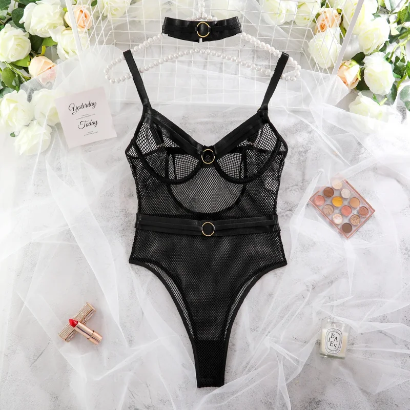 

Bikini Sexy Lingerie Jumpsuit Mesh Metal Halter Slim Fit Push up Sexy Bra in Stock