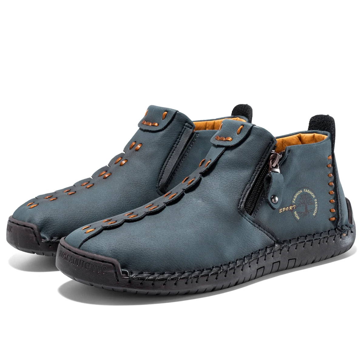 Caoutchouc Leather Ankle Boots Mens 44 Casual Outdoor Moccasins Fashion Blue Zip New Autumn Handmade Leather Men Boots Outdoor Design  main image 2
