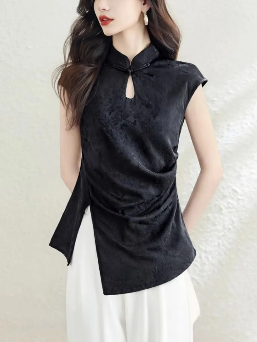 Chinese Sle Embroidered irt Collar Svel T-irt Satin Fabric Asymmetrical Slit Button up Women's Casual Top