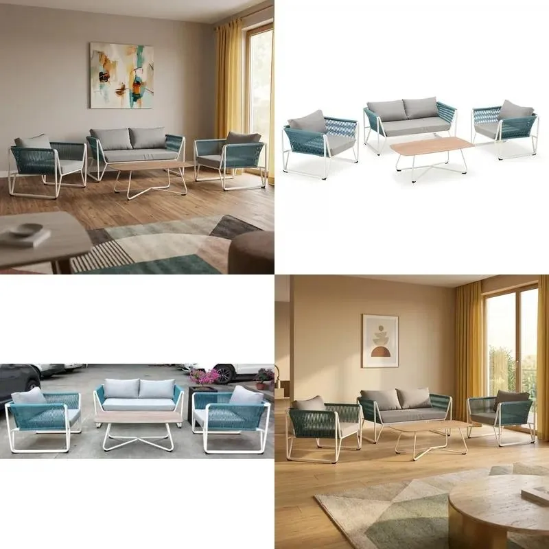 for Modern luxury double woven tempered glass countertop casual four-seater sofa for indoor and outdoor living rooms