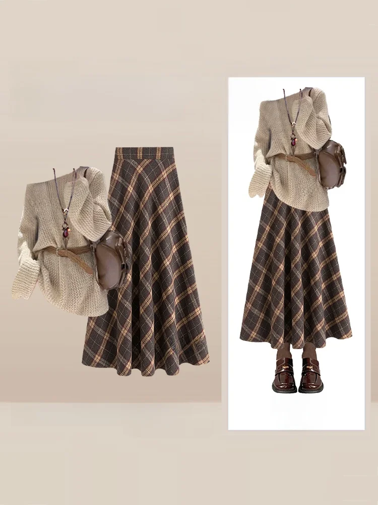 ชุดเซ็ตสองชิ้น เสื้อสเวตเตอร์ไหมพรมทรงหลวมสำหรับผู้หญิง ฤดูใบไม้ร่วง ฤดูหนาว กระโปรงลายสก็อตเอวสูง ดีไซน์ใหม่ สไตล์ลำลอง เสื้อสเวตเตอร์คอกลม