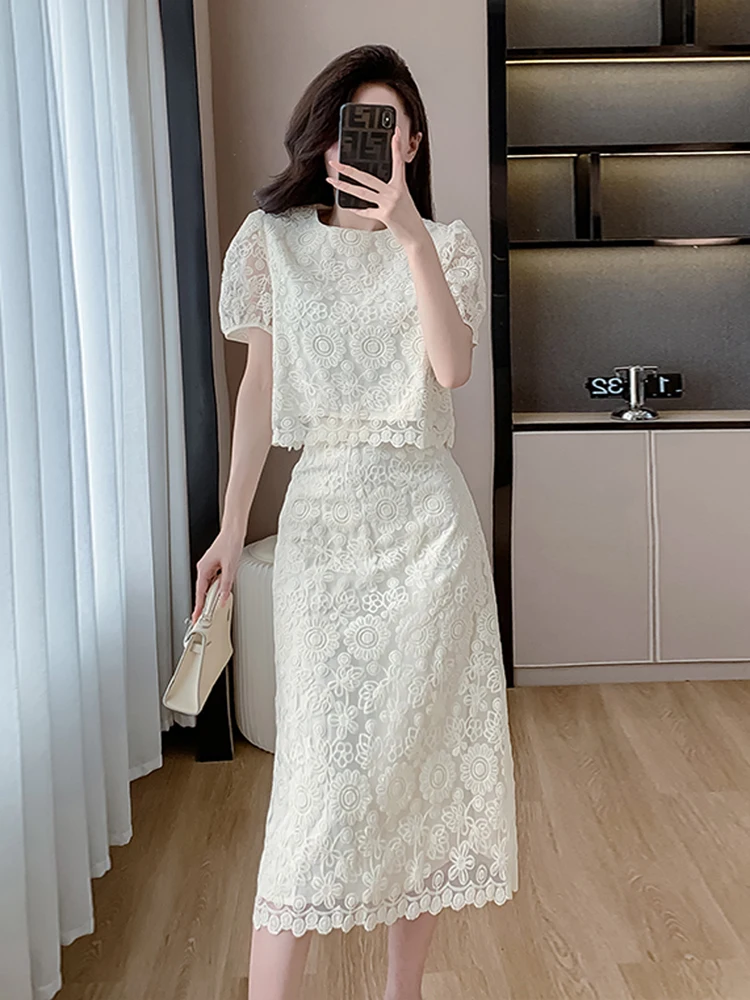 

France Chic Summer Lace Two Piece Set Elegant Women O Neck Hollow Out Flower Puff Sleeve Crop Tops + High Waist Slim Skirt Suit