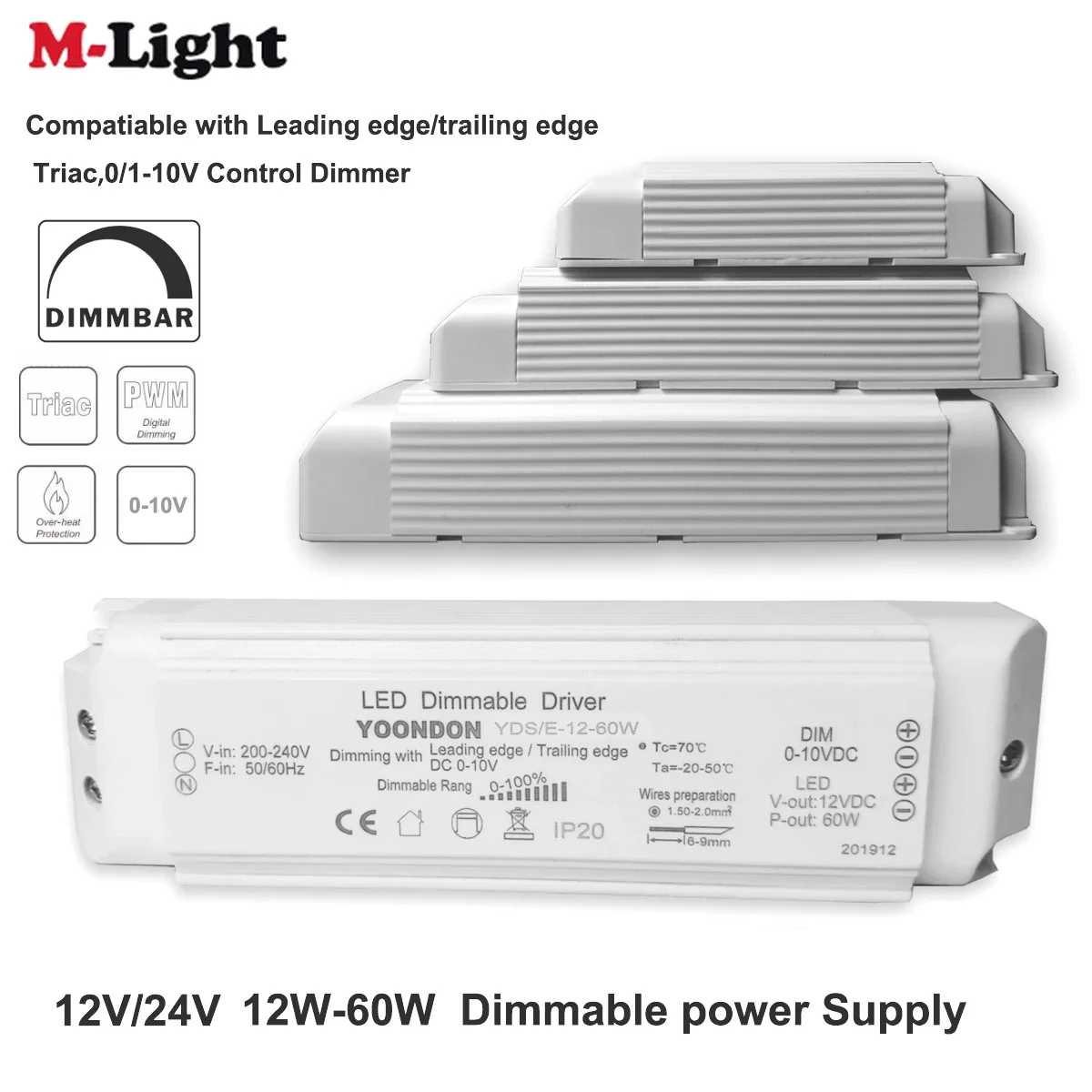 

AC 220V to DC 12V/24V Dimmable LED Driver DC12V/24V 20W 40W 60W Triac & 0-10V Dimming 2in1 Power Supply Lighting Transformer