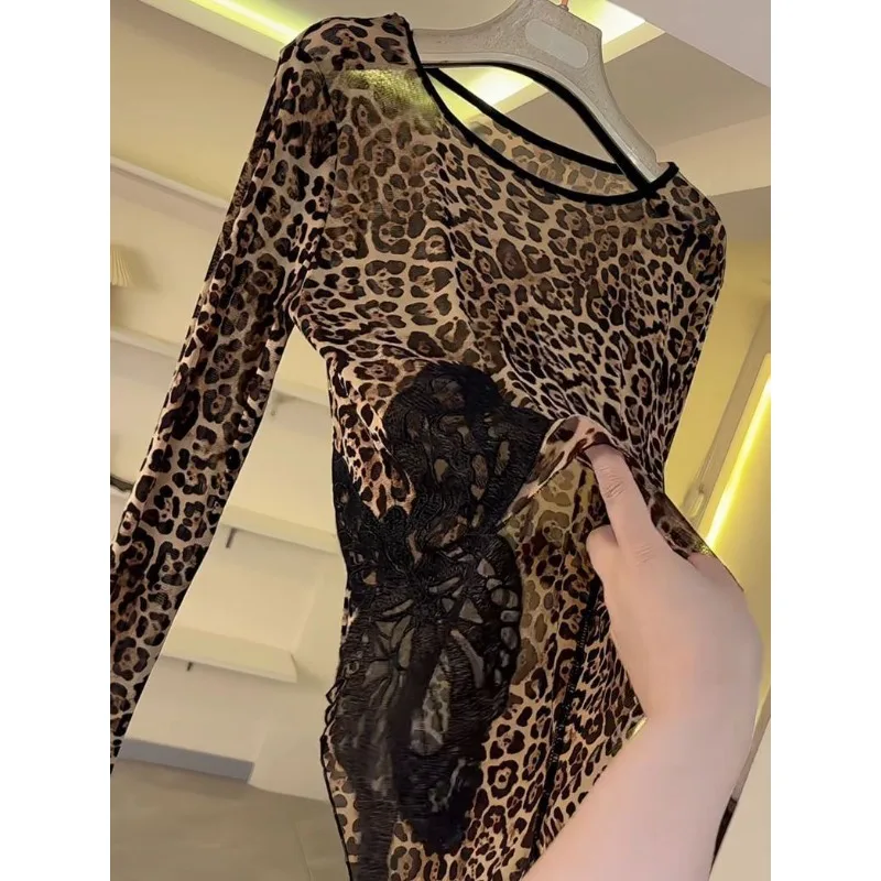 Haut de danse latine personnalisé pour femmes, imprimé léopard, Costume à manches longues, Cha-cha Samba, entraînement de danse de salle de bal, Costume en maille