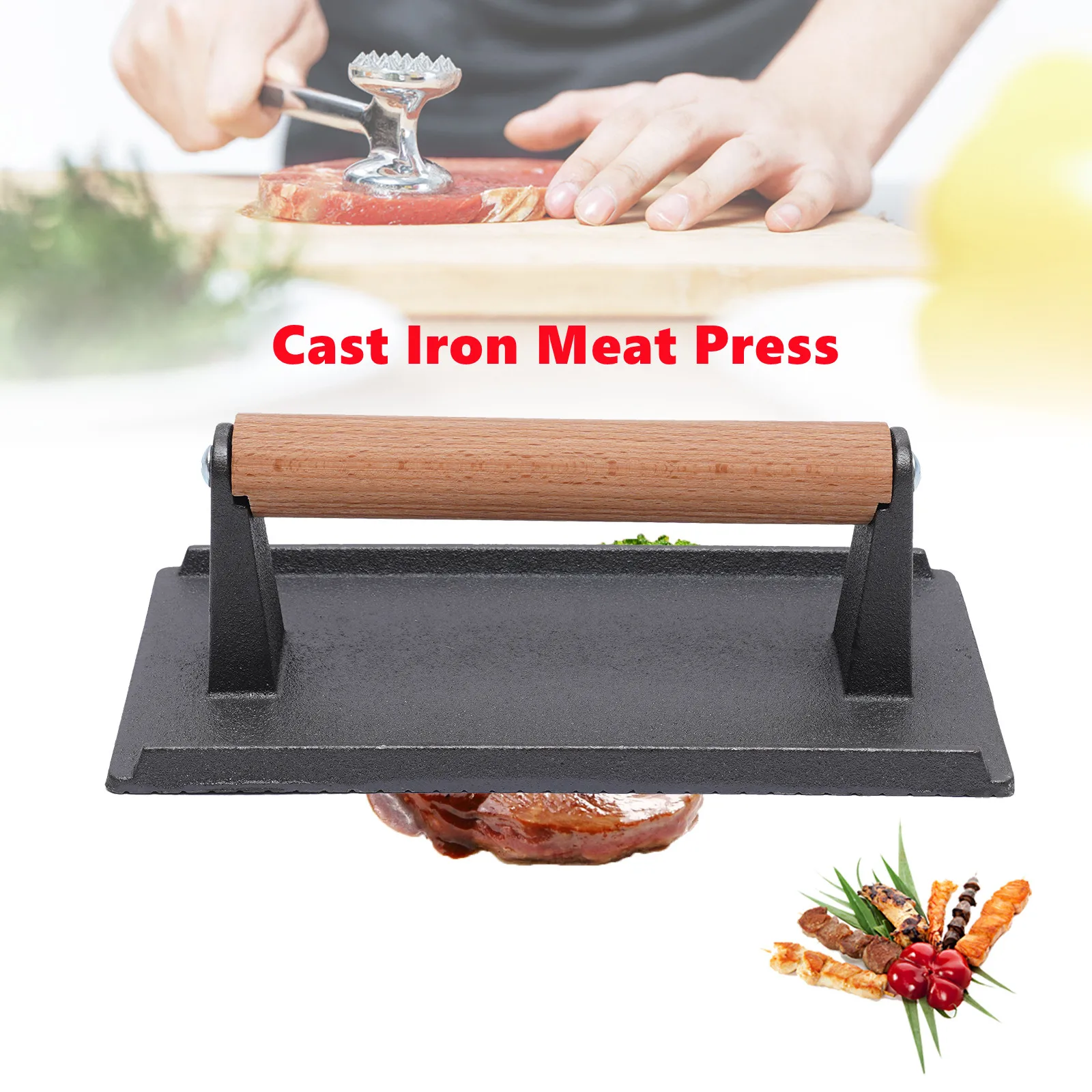 Cast Iron Meat Press BBQ Steak Press Tool Rectangle Meat Press 8.27*4.13inch