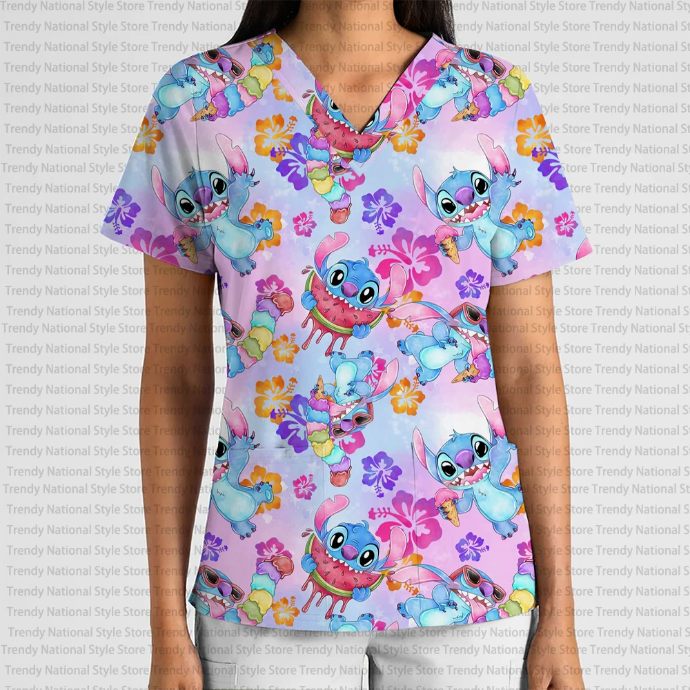 New Summer Women's High Quality Disney Stitch Cartoon Print V-Neck Frosted Top Dental Pet Shop Versatile Breathable T-shirt