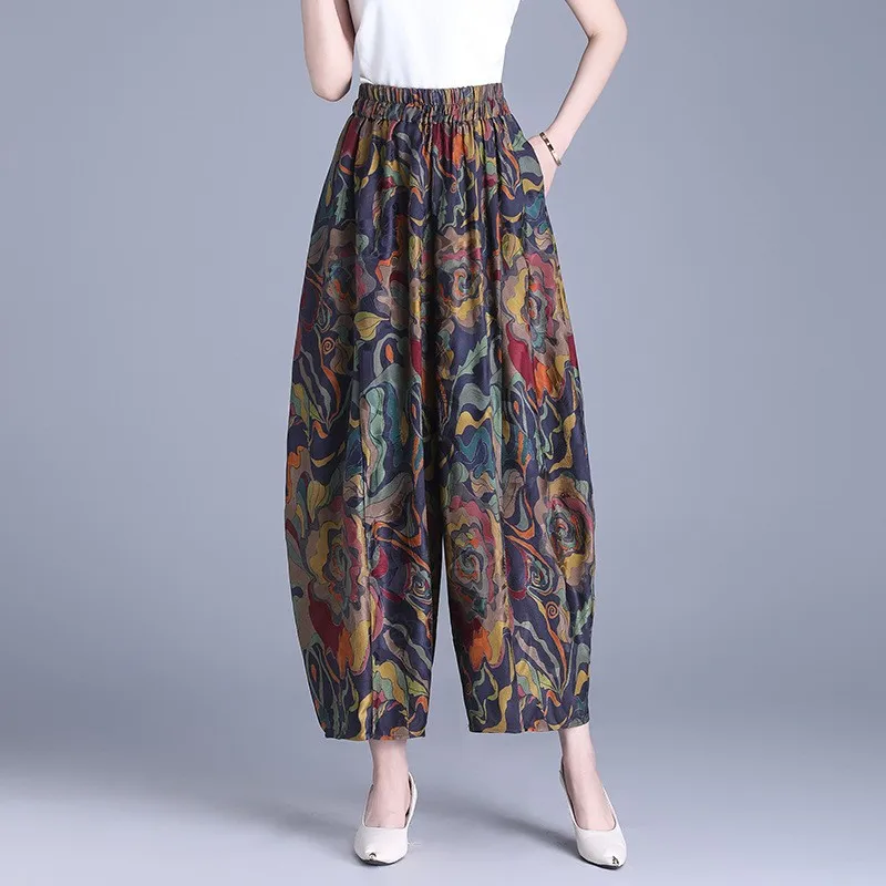 

Women Baggy Pants Harem Lightweight Printed Trousers Wide Leg Lantern Cropped Pants Floral Print Elastic Waist Capri Pants High
