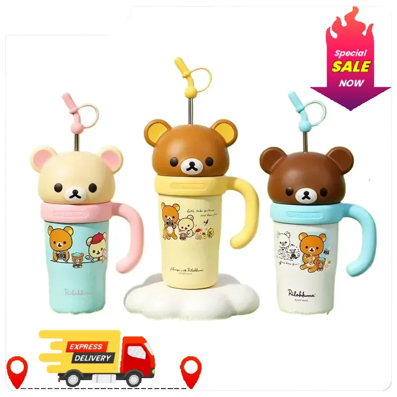Kawaii 830ml Rilakkuma Ton Ton Becher, supergroßer Wasserbecher, tragbarer Cartoon-Bären-Trinkbecher mit Strohhalm, Anime-Zubehör-Geschenk