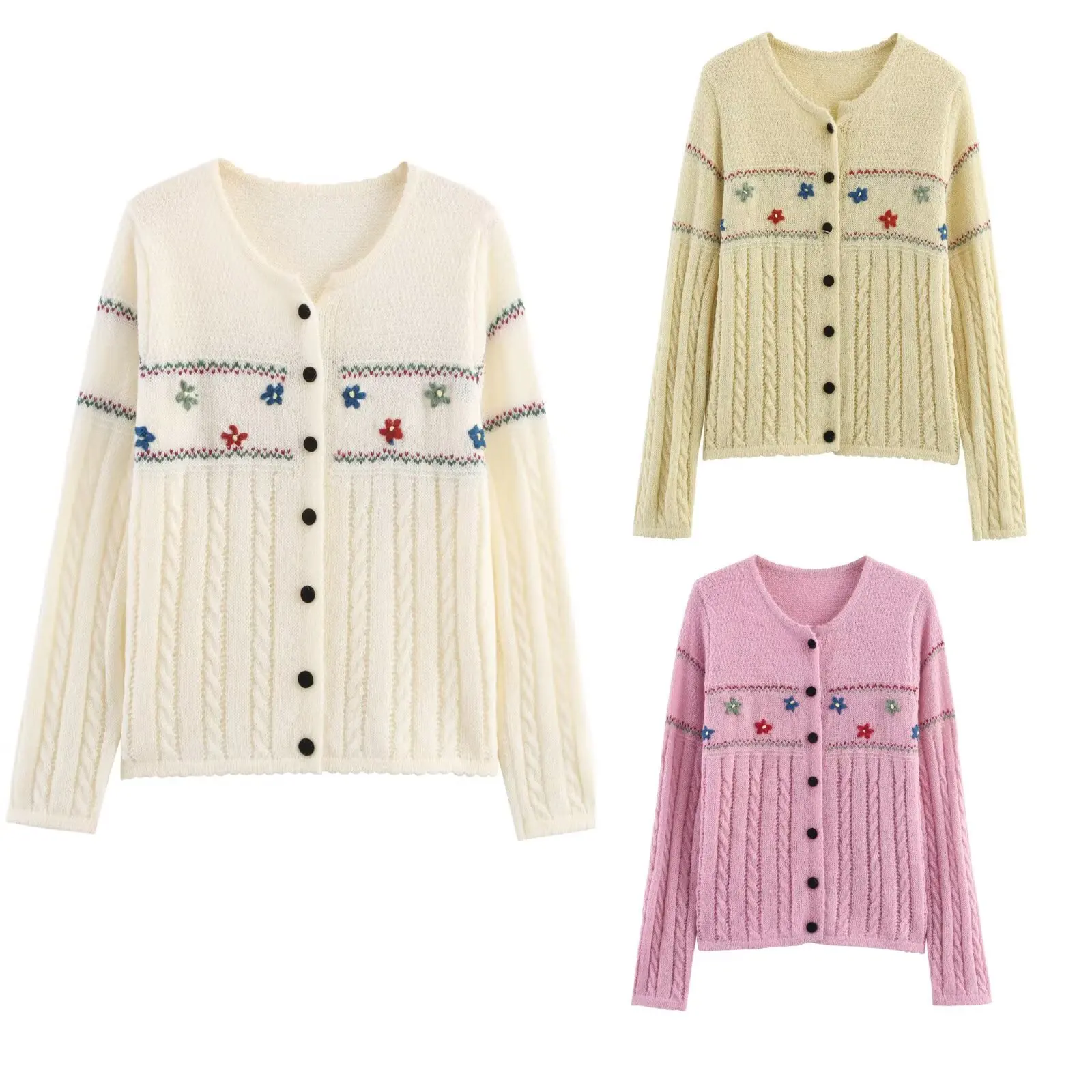 

New Autumn Fashion Casual Long Sleeve O-neck Single Breasted Embroidery Floral Loose Fit Knitted Shirt For Women,3 Colors