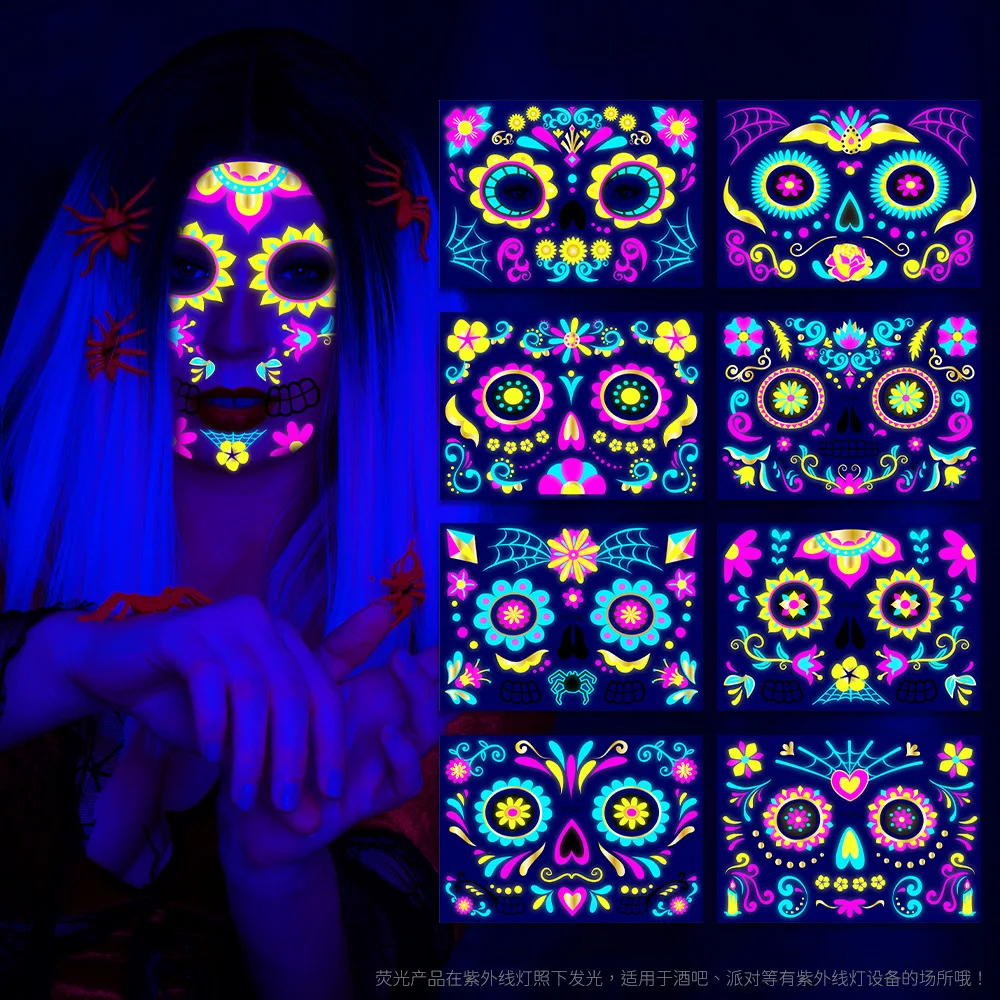 

2024 Hot Sale Halloween Undead foil stamping Fluorescent Death Face Sticker Tattoo Sticker Neon Party Tattoo