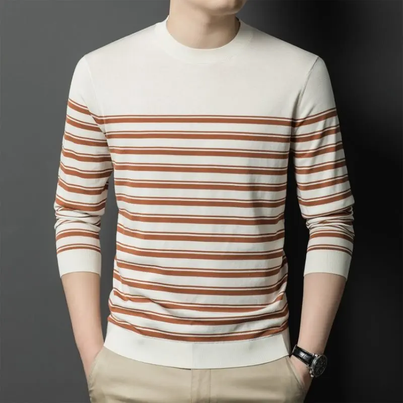 الخريف الشتاء الرجال محبوك سترة مخطط فضفاض الجولة الرقبة قاعدة طويلة الأكمام قميص ملابس للرجال منتصف العمر رقيقة سترة