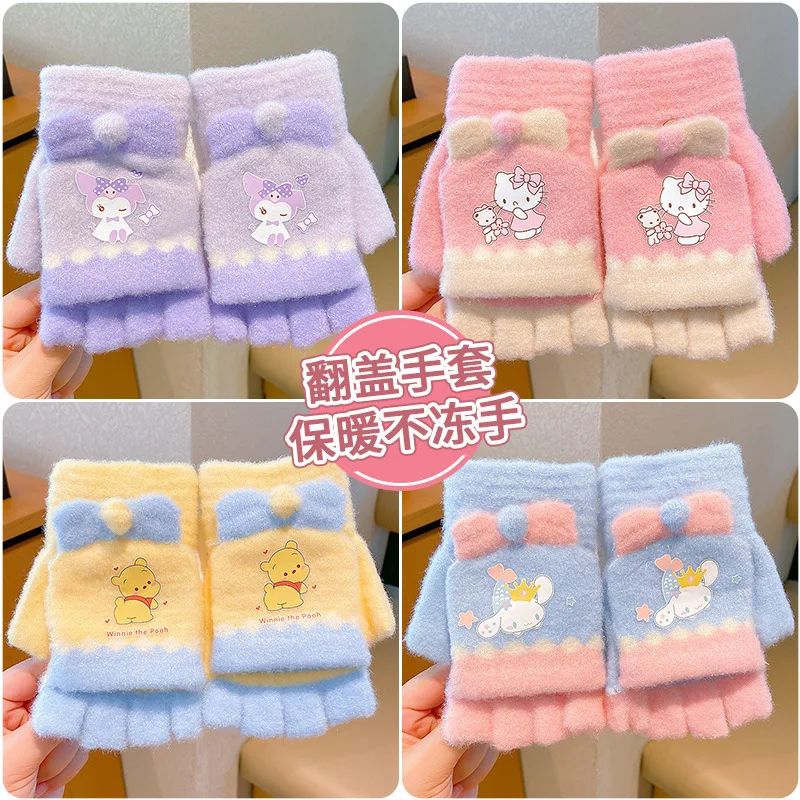 Hello Kitty Children's Flip-up Half-finger Gloves Winter Warm Boys and Girls Knitted Writing Five Fingers Padded Anti-Freezing