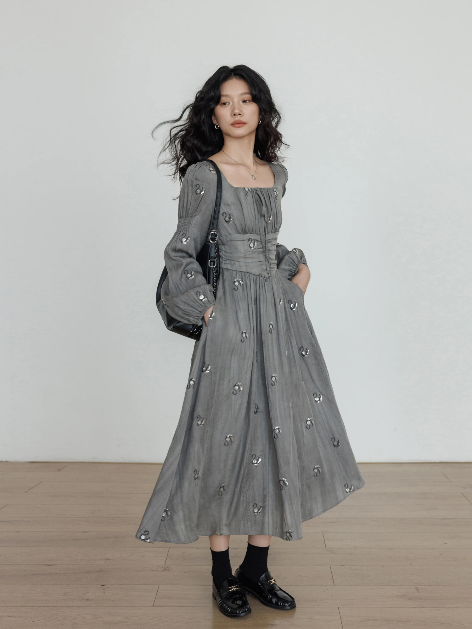 

Spring Vintage Lyocell Square Collar Slim Design Sense Dr Women's Casual A-Line Long Dr Artistic Sle Long Sve Ci...
