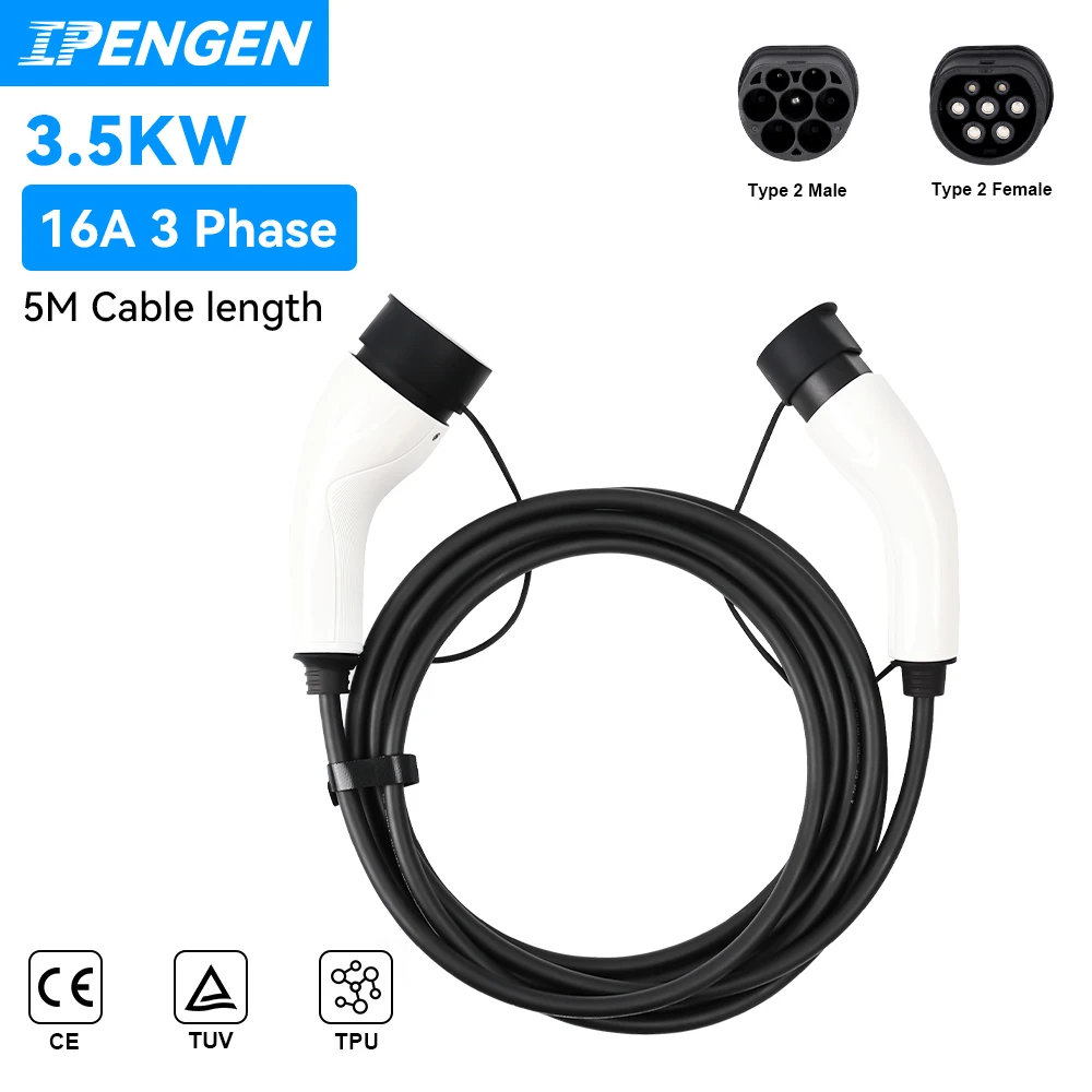 

IPENGEN Portable EV Charging Cable 32A 22KW 3 Phase Electric Car Charger 3.5KW 16A 1 Phase EV Cable Type 2 to Type 2 TUV CE