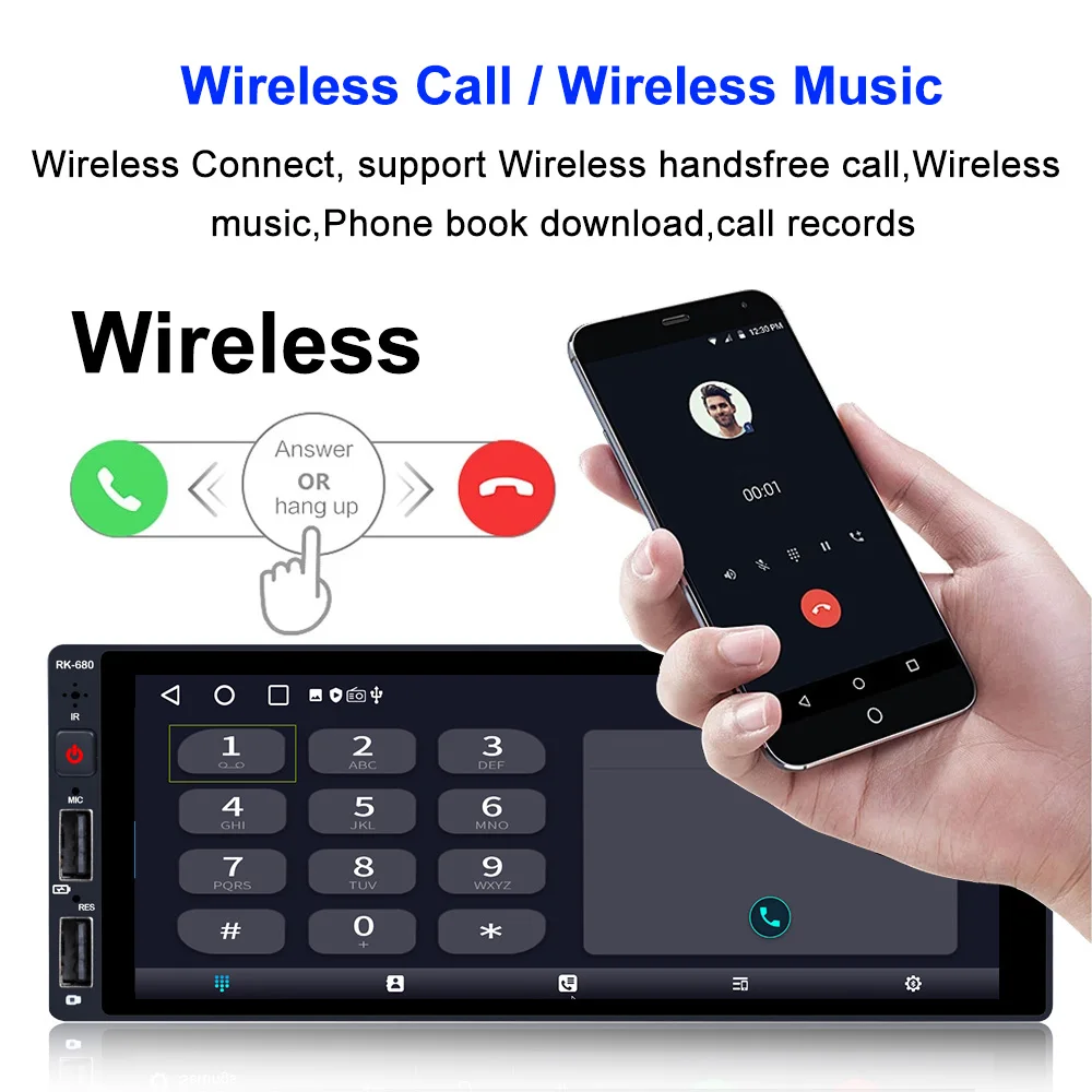 Android Car Stereo Radio 1 Din 2+64G 6.9“ Wireless CarPlay/Android Auto Bluetooth WIFI GPS FM Radio Receiver Car MP5 Player