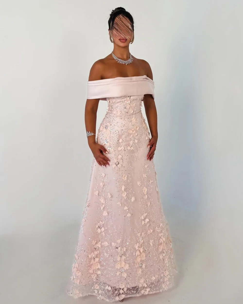 Customized High Quality Fashion Tulle Sequined Flower Pleat A-line Off-the-shoulder Long Dresses Bespoke Occasion Dresses Retro