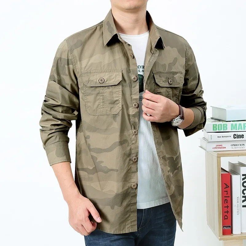 2024 New Cotton Military Shirt Men Long Sleeve Casual Dress Shirt Male Cargo Work Shirts Men's Social Shirt