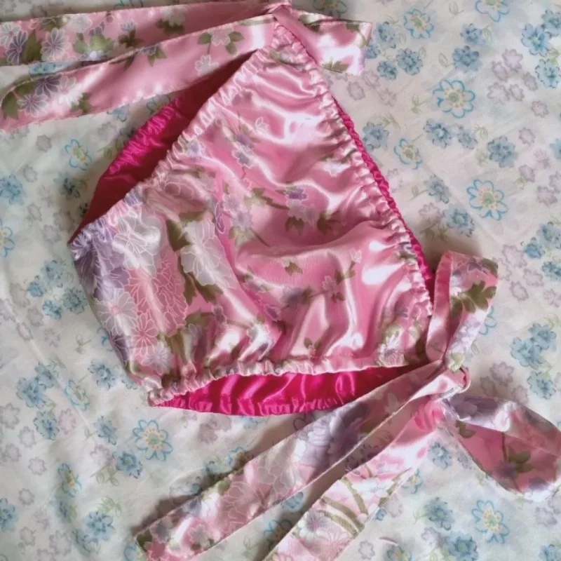 

Lovers Double Layered Both Sides Lace Up Glossy Floral Print Ice Silk Satin Lingerie Panties Plus Size Underwear Sexy Briefs