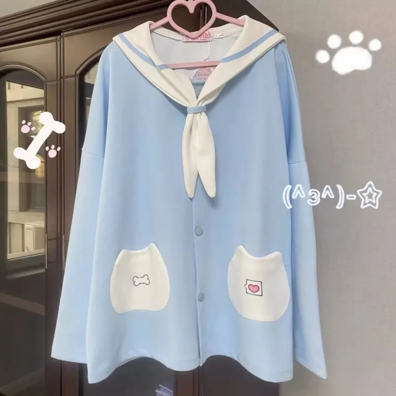 Y2k Preppy Style JK Girls Casual Sweatshirt Bowknot Tie Sailor Collar Button Up Kawaii Hoodies Bestie Teenagers Cute Clothes