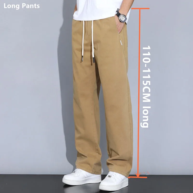 

Повседневные брюки для высоких мужчин с широкими штанинами, прямые хлопковые весенне-летние молодежные удлиненные брюки цвета хаки для мальчиков, мужские черные, синие свободные брюки