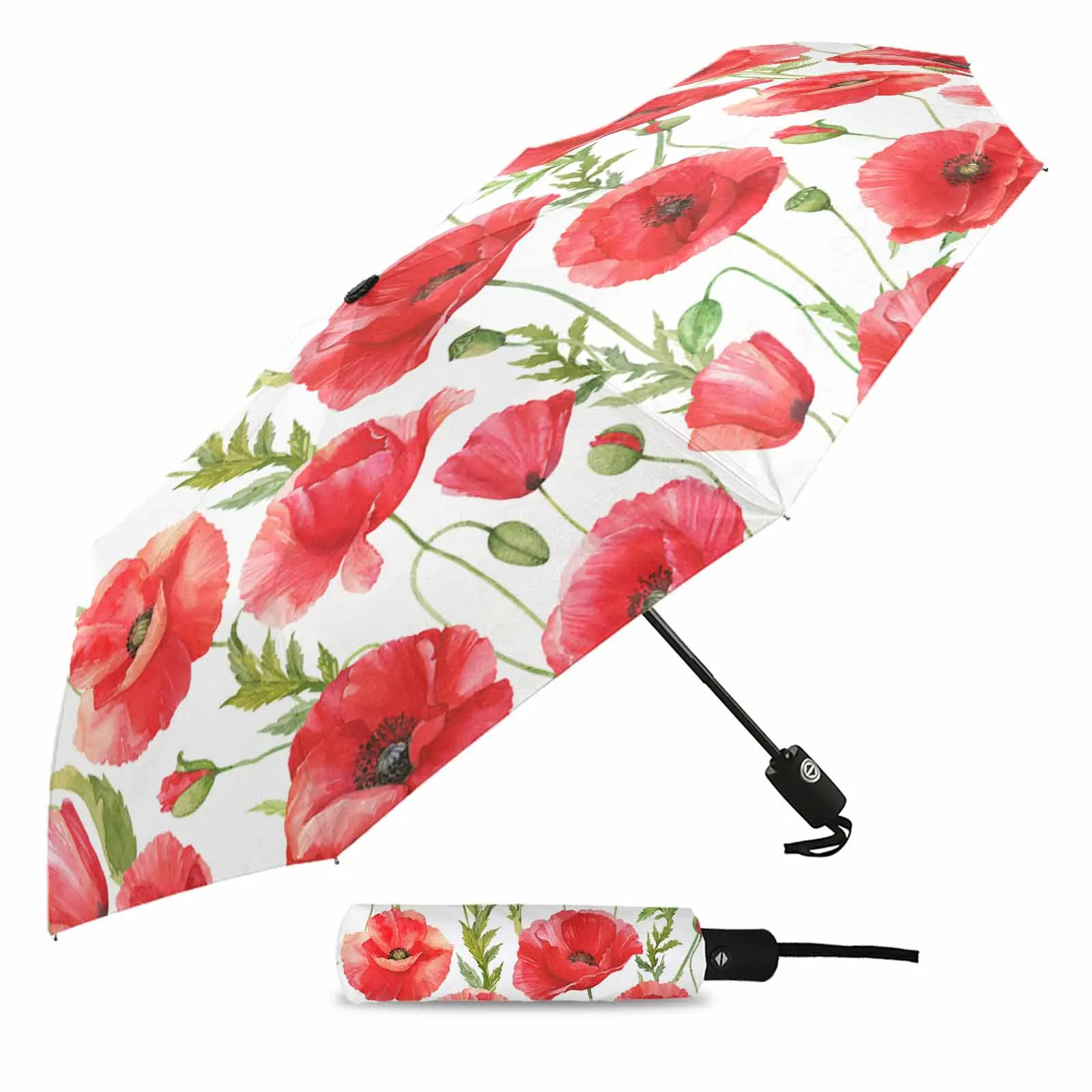 Watercolor Red Poppy Flower Automatic Umbrella Travel Folding Umbrella Portable Parasol Windproof Umbrellas