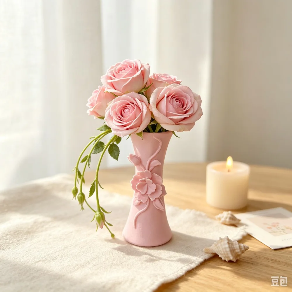 3D Printed Vase Embossed Multilayer Rose Relief Matte Blush Pink Curved Twining Vine Stems for Windowsill Botanical Flower Decor