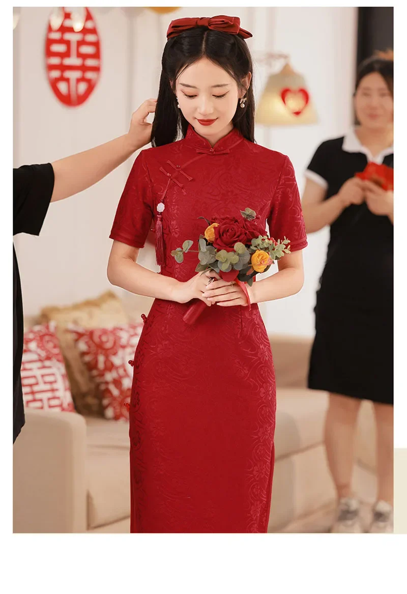 Wine Red Chinese Style Cheongsam Vintage Slim S To XXL Short Sleeve Qipao Floral Wedding Formal Evening Women Long Dress