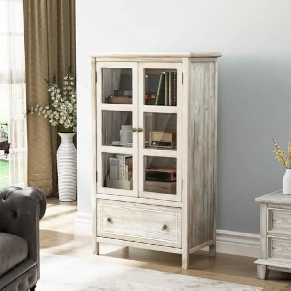 

"Rustic White Storage Cabinet w/ Glass Doors & Shelves - Cedar Finish Display Case w/ Solid Wood Legs