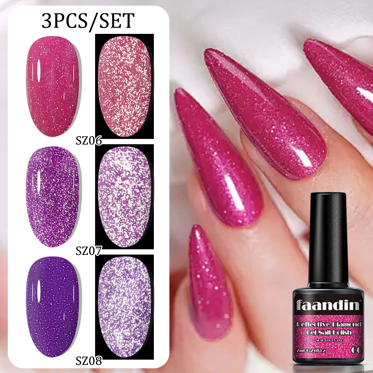 3Pcs/Set Faandin 0.24oz 3 Bottles, Crushed Diamond Gel Nail Polish, Emits Fine Sparkling Diamond Shine under Light, Very High-End, Full Color, Not Easy to Fade, Long-Lasting Effect, Nail Enthusiasts Can Complete the Manicure at Home, Crushed Diamond Nail Polish Gel 3-Piece Set, Carefully Selected Color Combinations
