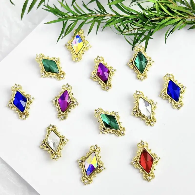 10Pcs Light Luxury Metal Alloy Lozenge Nail Charms Colorful Glass Diamond Inlaid Geometric Nail Art Decorations for DIY Nails