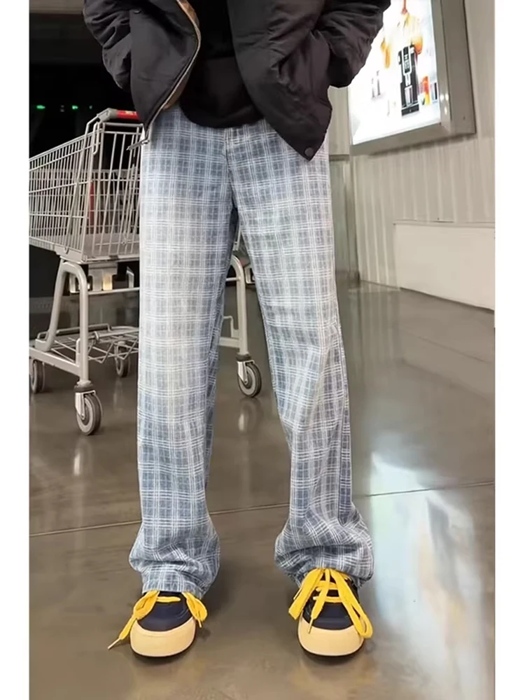 

Винтажные синие клетчатые мужские джинсы Waed Cleanfit, свободные прямые длинные брюки, американский ретро Sle, подростковая зимняя мода