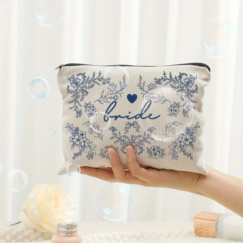 1pc Bride Makeup Bag Blue Bride Bag for Bridal Shower Wedding Engagement Gifts Patterned Corduroy Zipper Makeup Bag, Lightweight