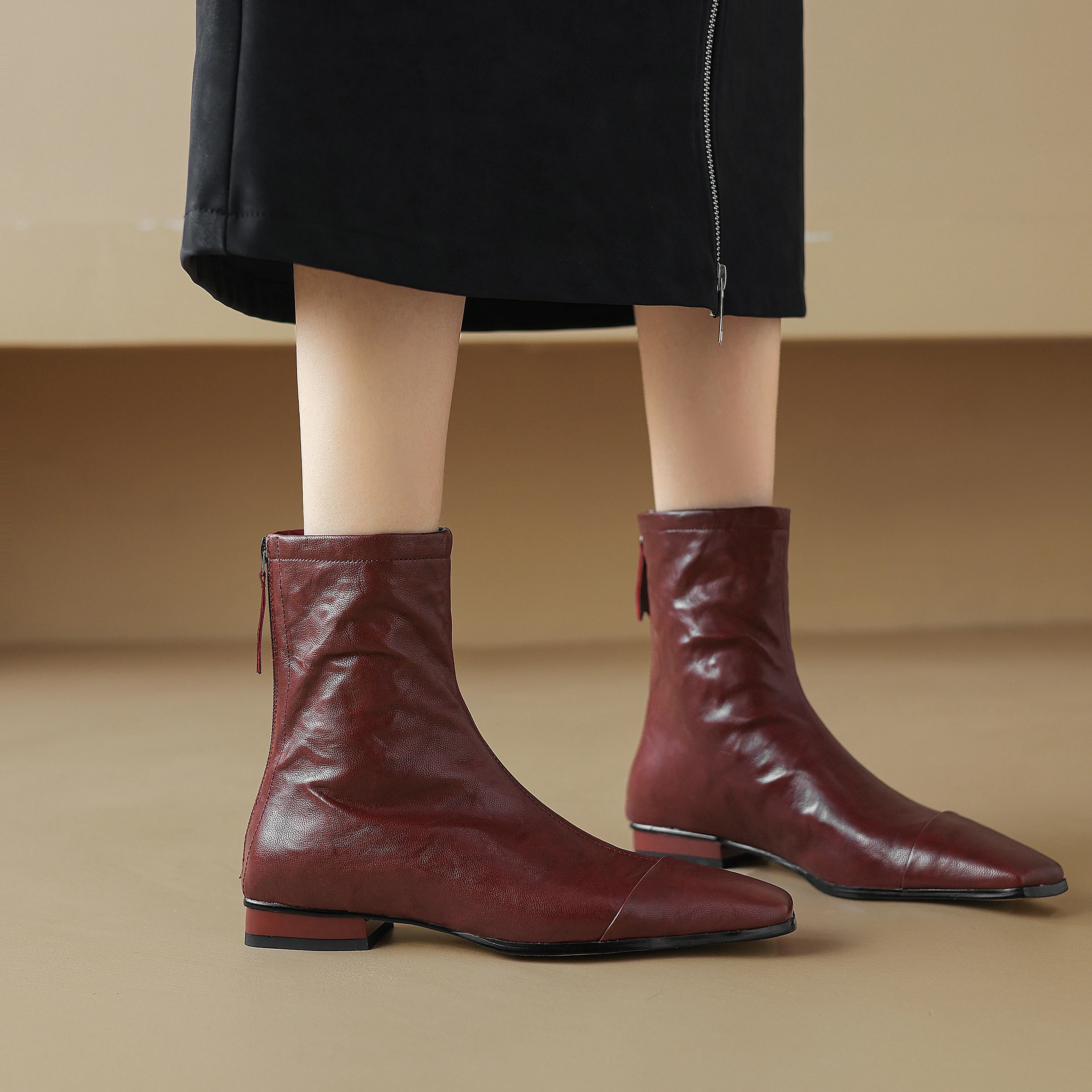 

Genuine Leather Square Toe Zipper Womens Boots Sexy Ankle boots,Modern boots,knight boots,Fashion Booties Red High Heels