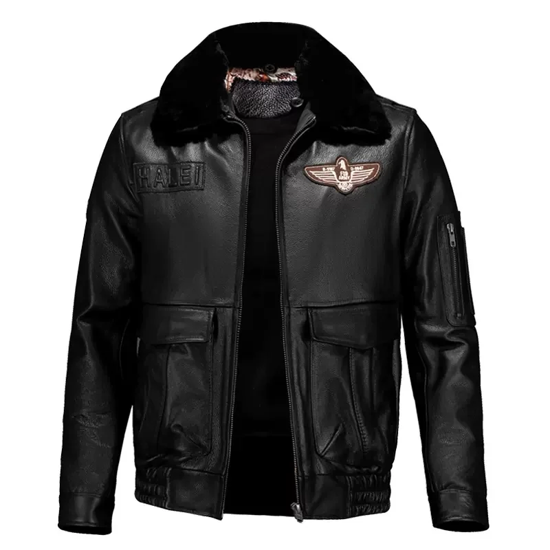 Black Winter Leather Jacket Men Retro Style Plus Size 6XL Genuine Natural Cowhide Turn-Down Collar Military Flight Coat