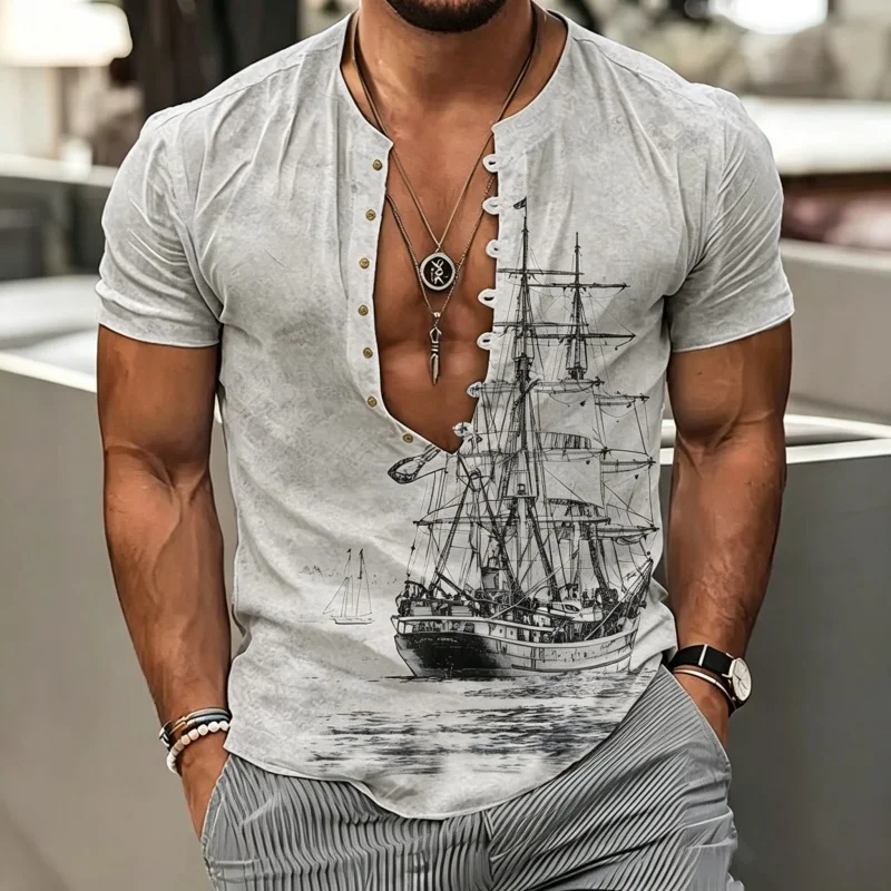 Men's shirt vintage sketch sailboat sailing print Henry collar short sleeved loose seaside vacation casual men's clothing