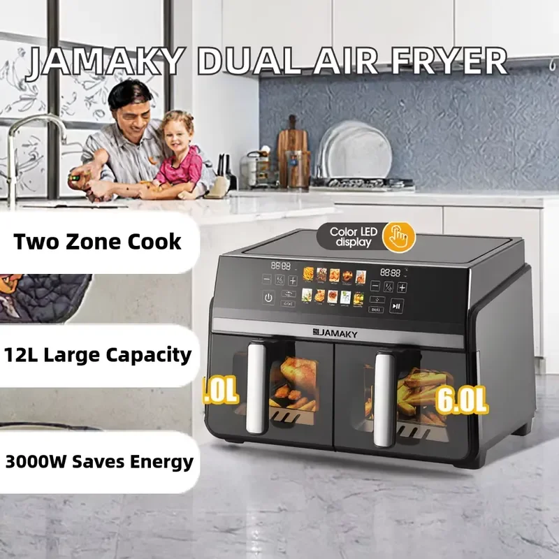 Professional Electric Dual Zone Air Fryer 3000W 12L Plastic With 10 Preset Menus And Color LED Display For Hotel Use