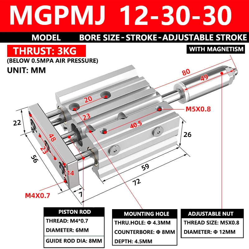 ABILKEEN MGPMJ Series Three Axis Three Rod Compact Guide Cylinder MGPMJ12-30-30 12MM Bore X 30MM Stroke X 30MM Adjustable Stroke