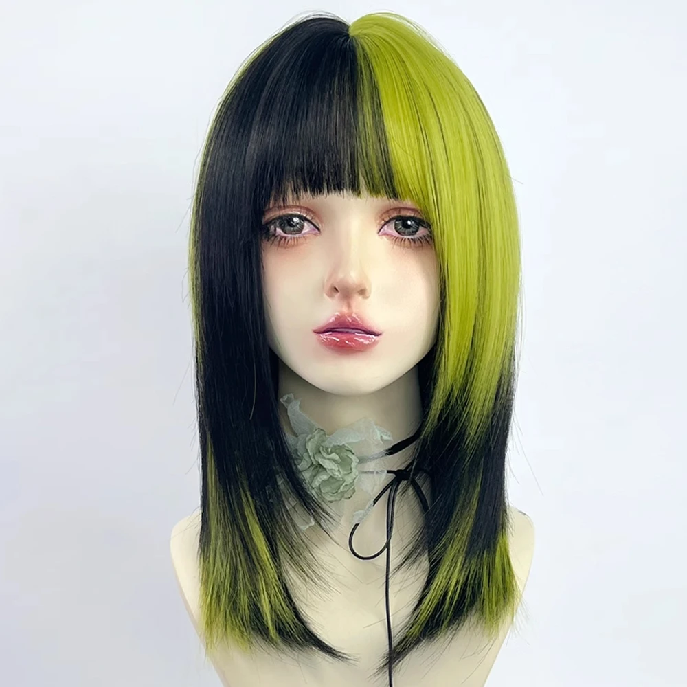 VICWIG Synthetic Short Black Green Mix Women Straight Wigs with Bangs Lolita Cosplay Natural Hair Wig for Daily Party