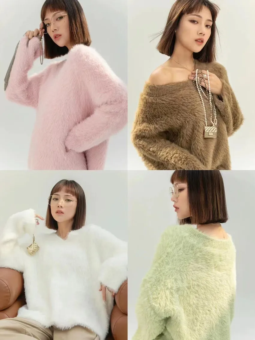 2023 New Korean Autumn Winter Soft Mohair Loose Sweater Lazy Style Women V Neck Long Sleeve Thick Warm Imitation Mink Pullovers